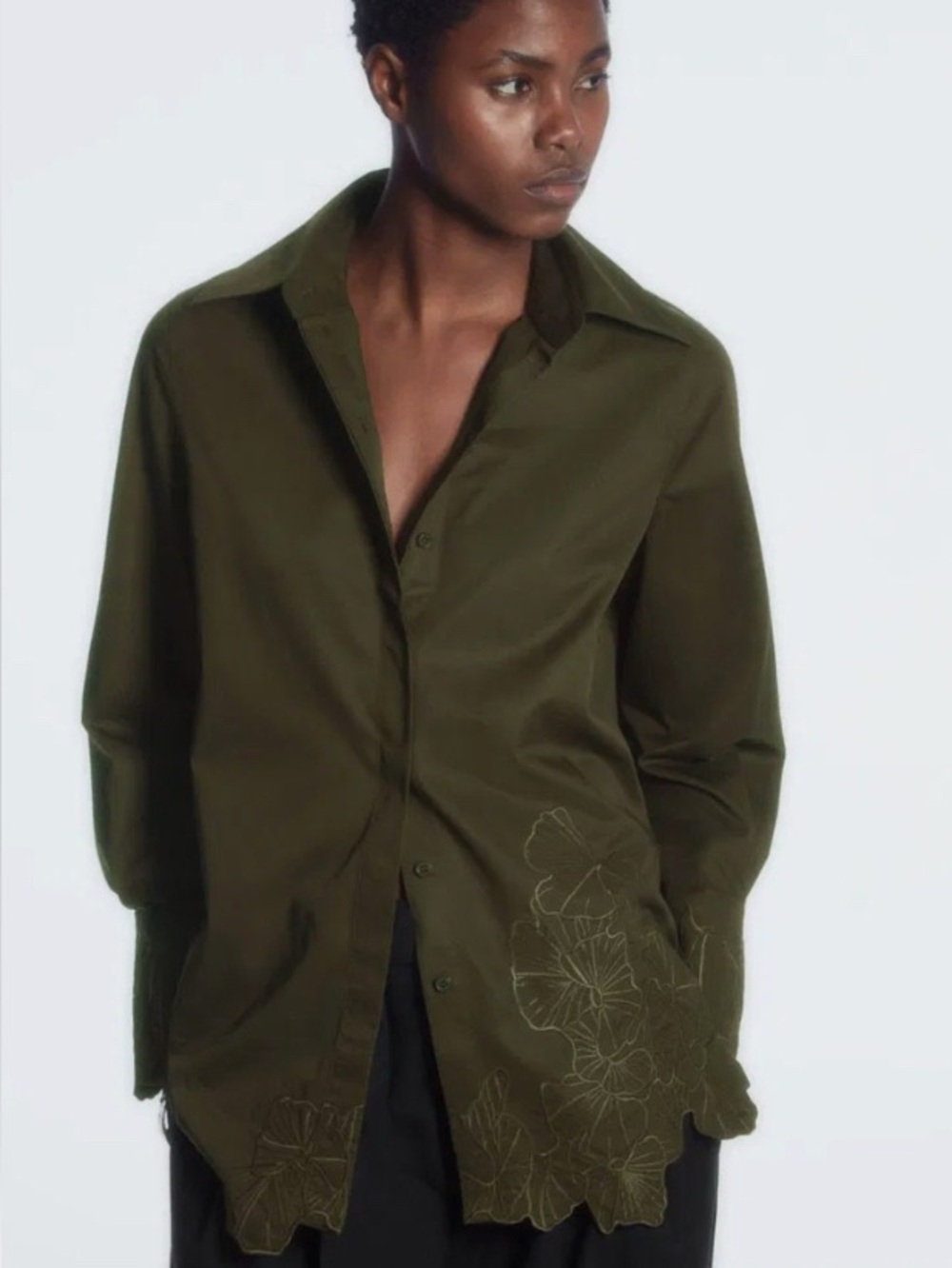 COS Oversized Embroidered Ginkgo Leaves Button Down Shirt Green Sz 2